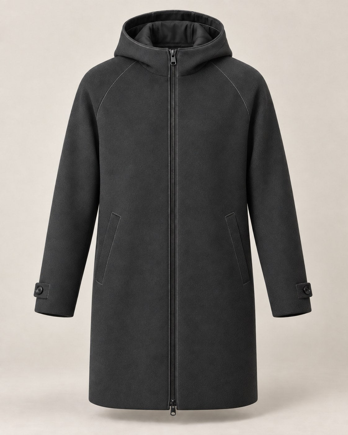 Parka aus Cashmere in Charcoal mit Kapuze, Zwei-Wege-Reißverschluss und heller Kontrastnaht.