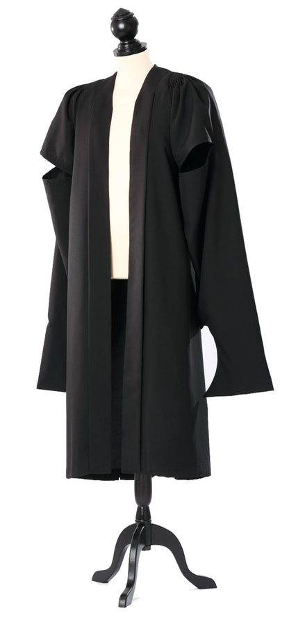 Schwarzer Master-Talar Oxford, offene Front, kurze Kappenärmel mit Armschlitz, knielang, auf Schneiderpuppe