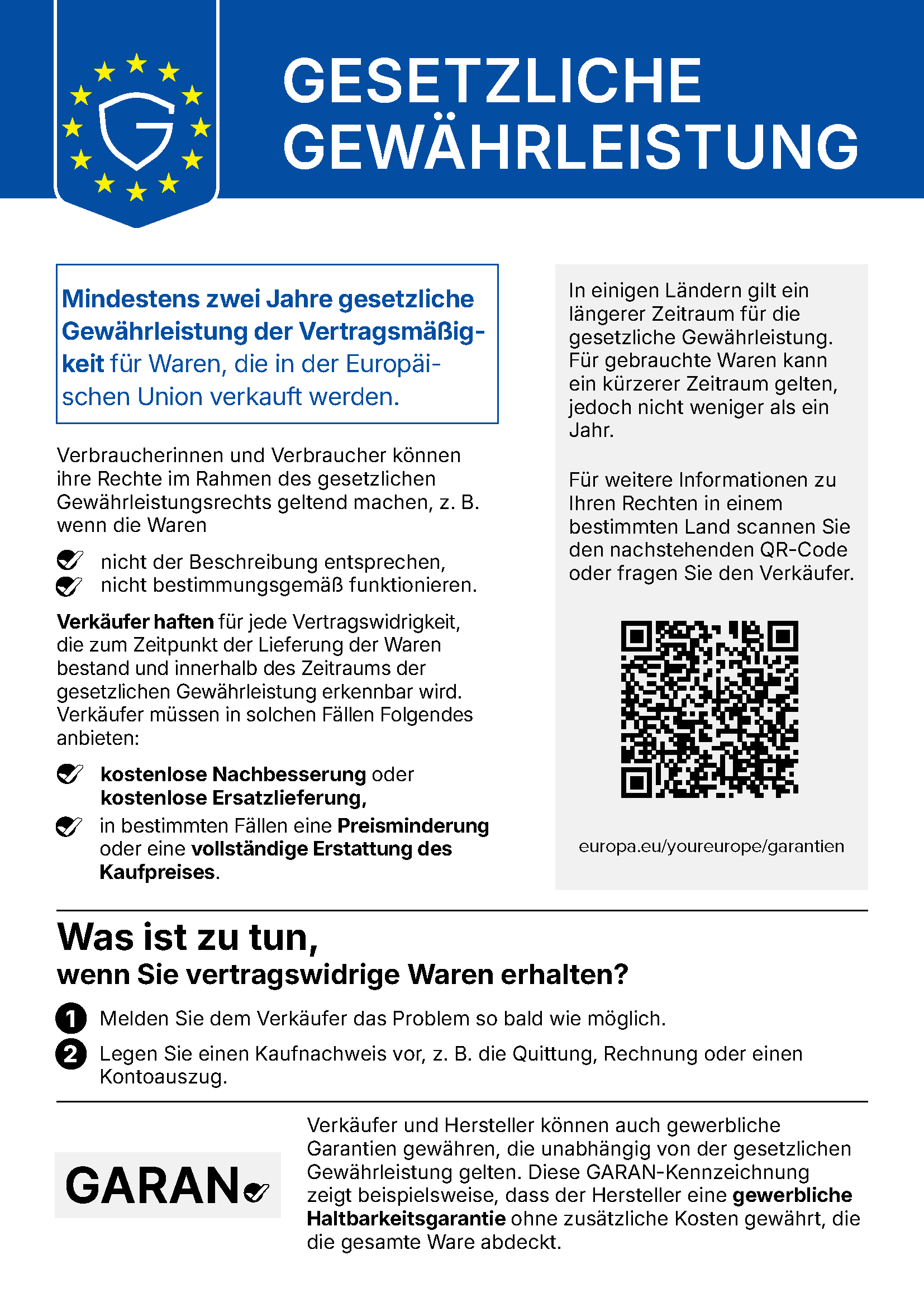 EU-Mitteilung „Gesetzliche Gewährleistung“: mindestens zwei Jahre gesetzliche Gewährleistung. Der Wortlaut steht darunter als Text.