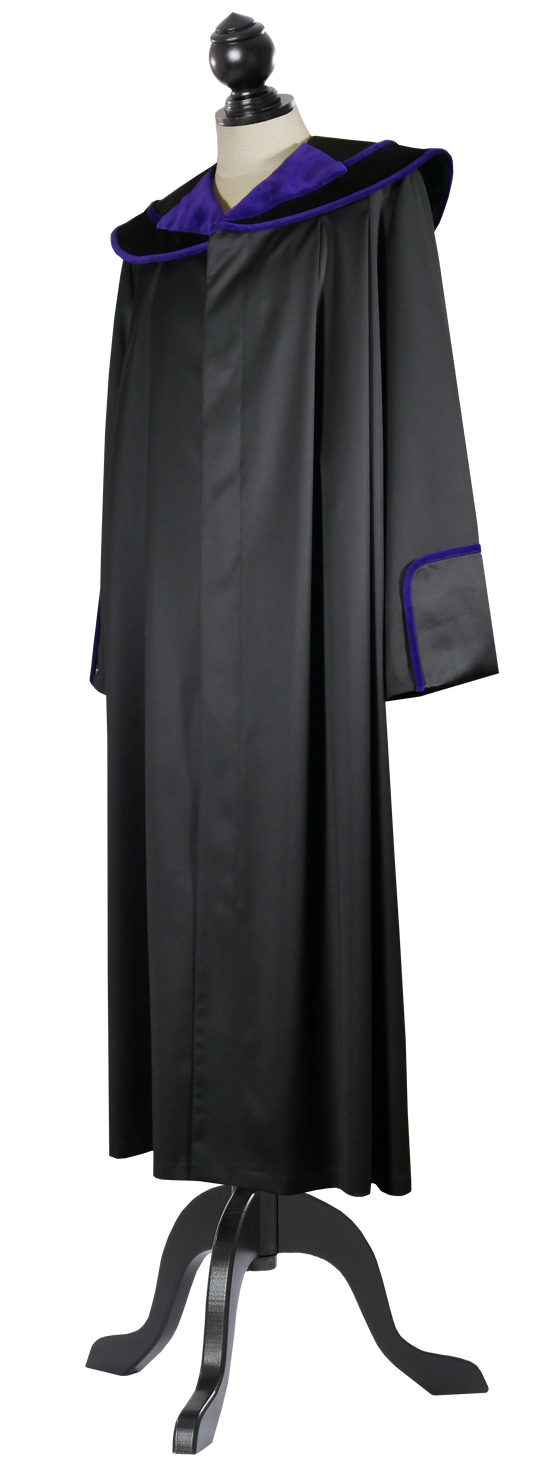 Schwarze Richterrobe mit violettem Samtkragen und Ärmelpassen, lange Ausführung, Seitenansicht