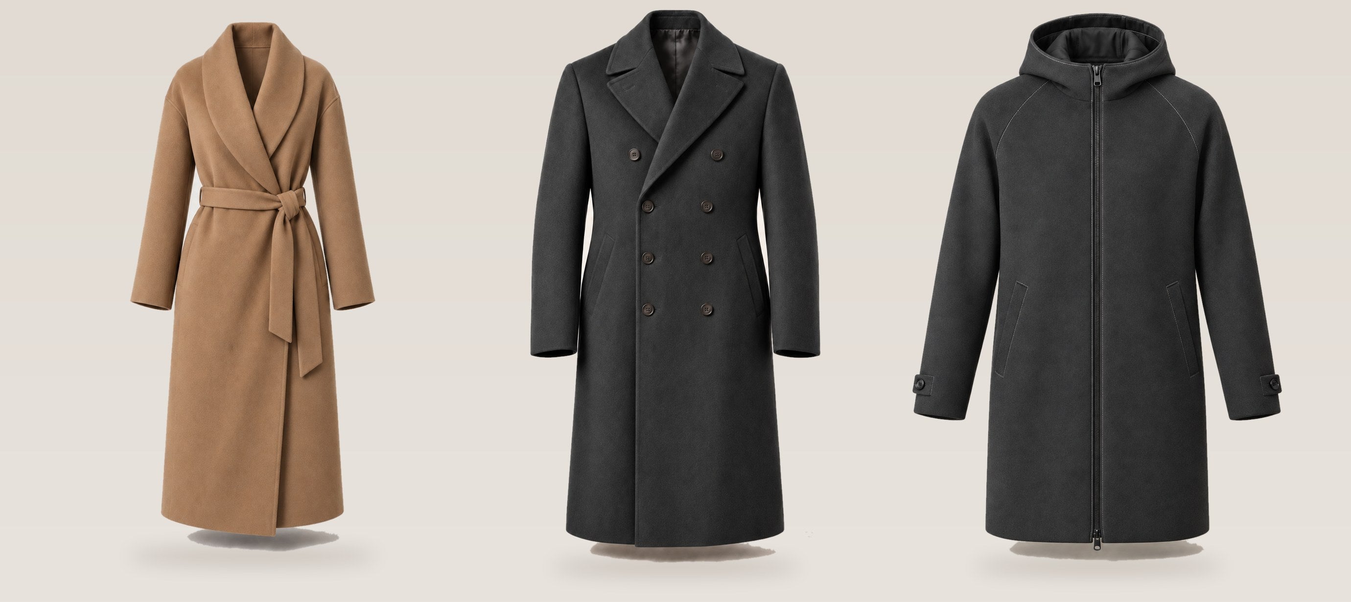 Drei Mäntel der Hauskollektion: Wickelmantel in Camel, zweireihiger Ulster in Charcoal und Parka mit Kapuze in Anthrazit.